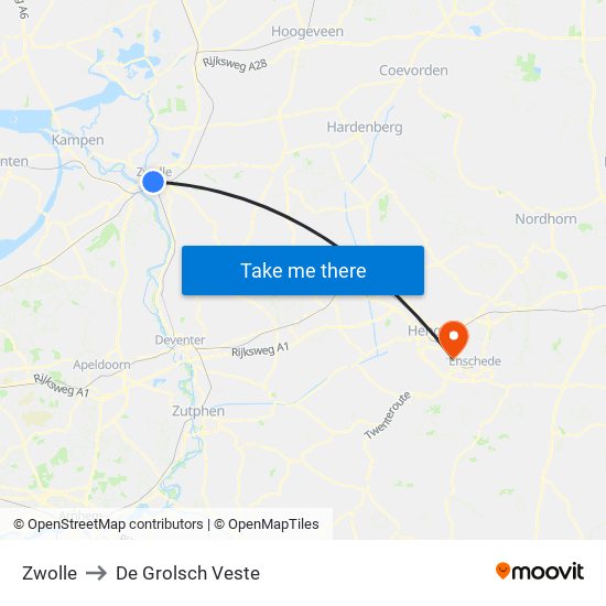 Zwolle to De Grolsch Veste map