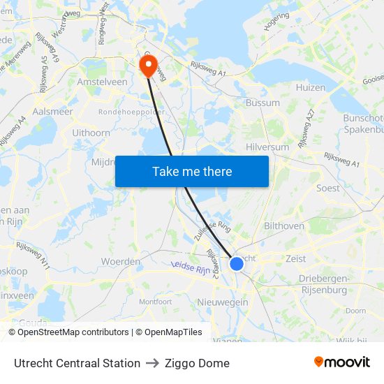 Utrecht Centraal Station to Ziggo Dome map