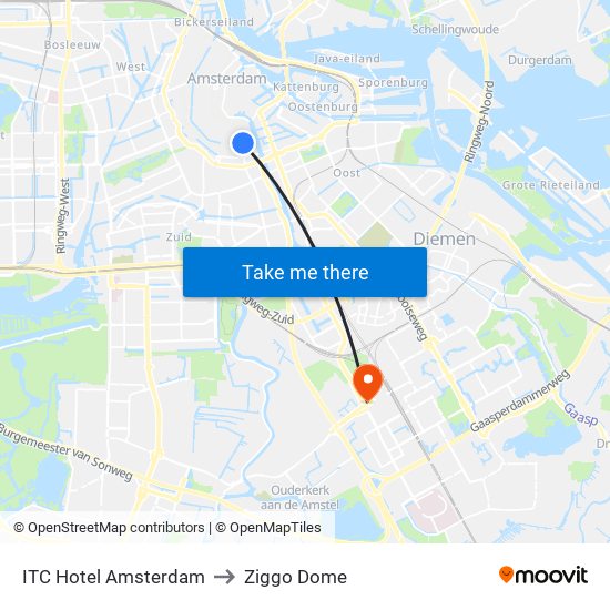 ITC Hotel Amsterdam to Ziggo Dome map