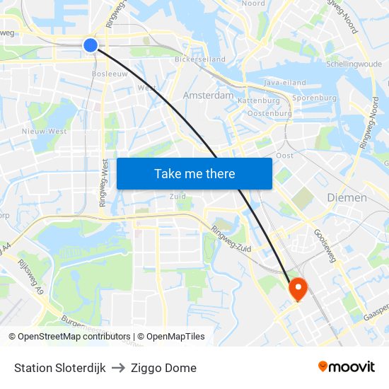 Station Sloterdijk to Ziggo Dome map