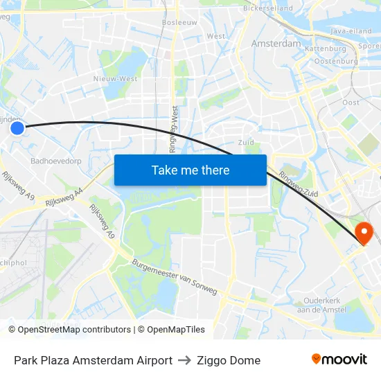 Park Plaza Amsterdam Airport to Ziggo Dome map