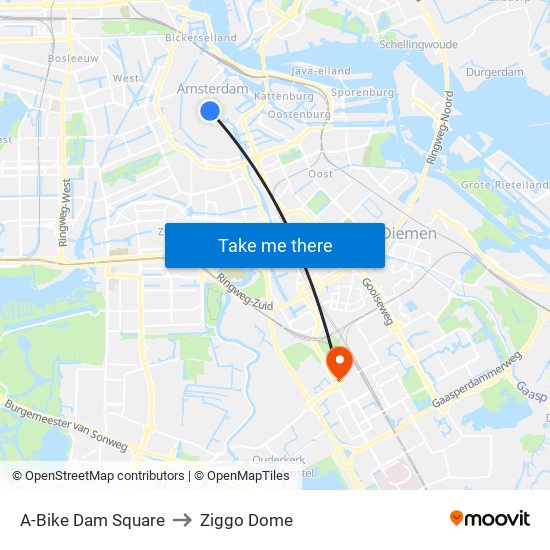 A-Bike Dam Square to Ziggo Dome map