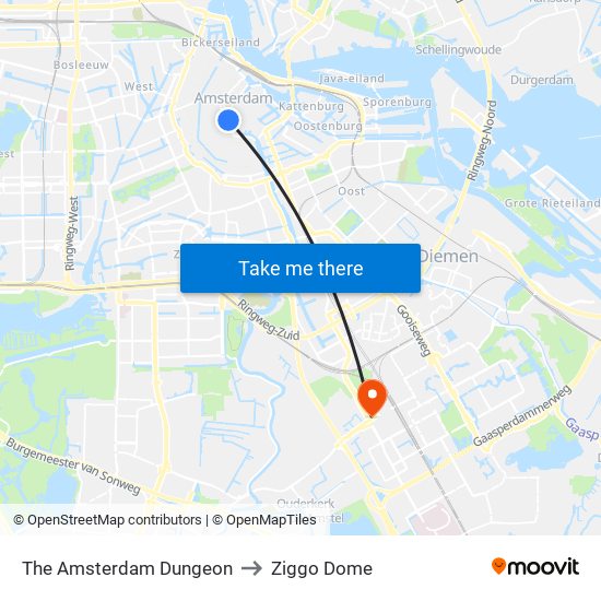 The Amsterdam Dungeon to Ziggo Dome map