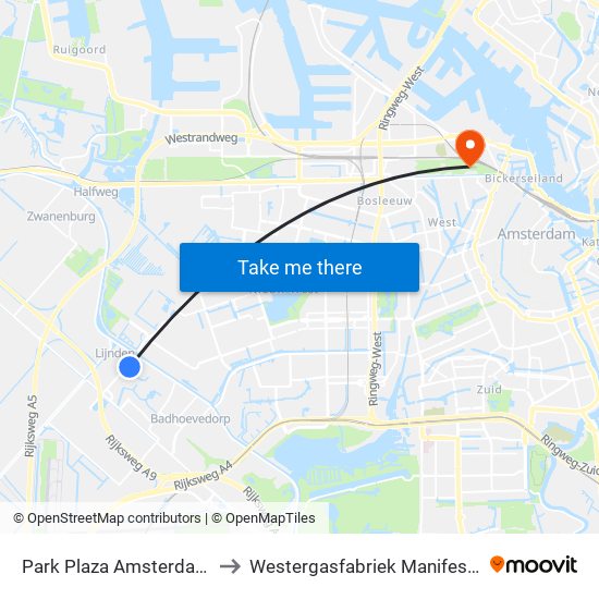 Park Plaza Amsterdam Airport to Westergasfabriek Manifestatieterrein map