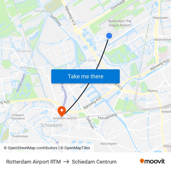 Rotterdam Airport RTM to Schiedam Centrum map