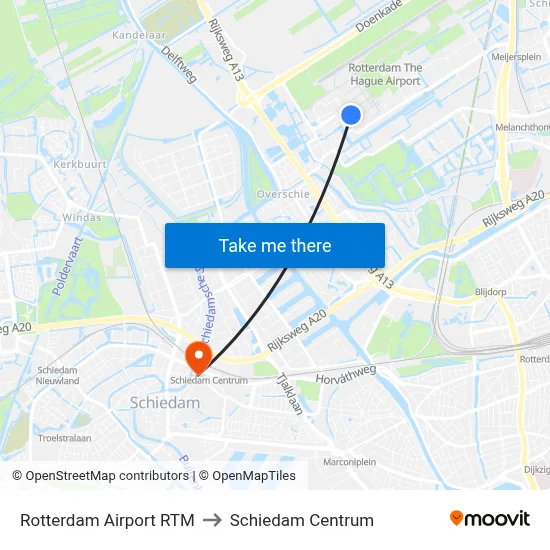 Rotterdam Airport RTM to Schiedam Centrum map