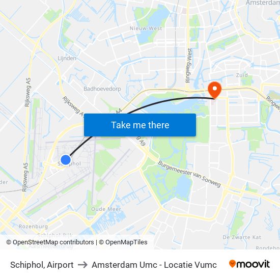 Schiphol, Airport to Amsterdam Umc - Locatie Vumc map