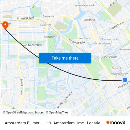 Amsterdam Bijlmer Arena to Amsterdam Umc - Locatie Vumc map