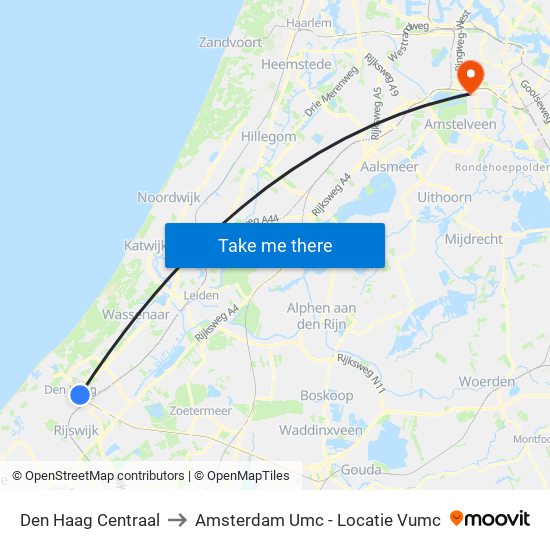 Den Haag Centraal to Amsterdam Umc - Locatie Vumc map