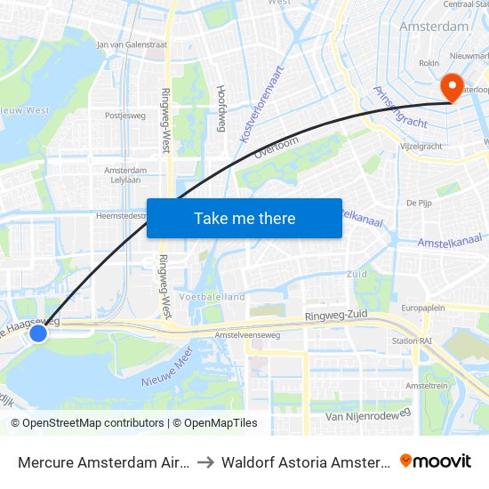 Mercure Amsterdam Airport to Waldorf Astoria Amsterdam map