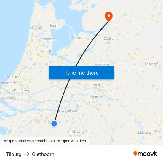 Tilburg to Giethoorn map