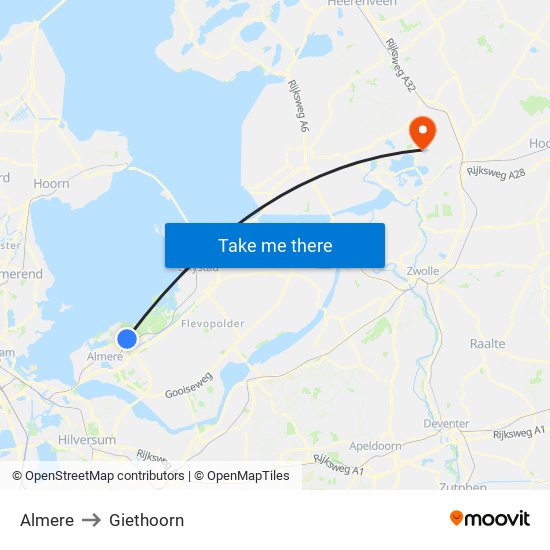 Almere to Giethoorn map
