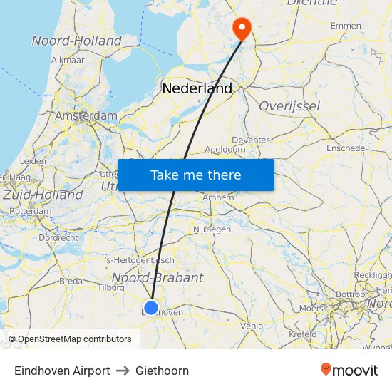 Eindhoven Airport to Giethoorn map