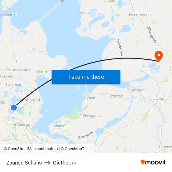 Zaanse Schans to Giethoorn map