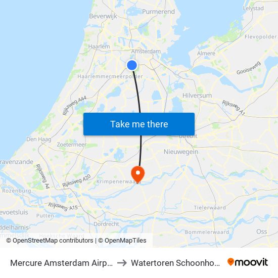 Mercure Amsterdam Airport to Watertoren Schoonhoven map