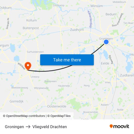 Groningen to Vliegveld Drachten map