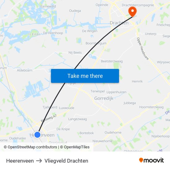 Heerenveen to Vliegveld Drachten map