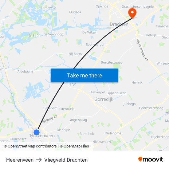 Heerenveen to Vliegveld Drachten map