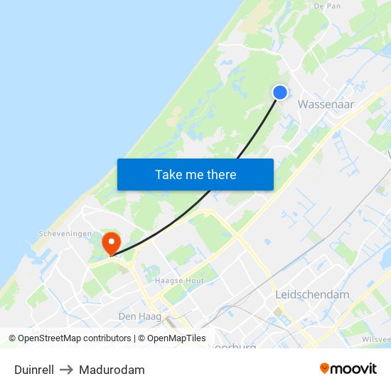 Duinrell to Madurodam map