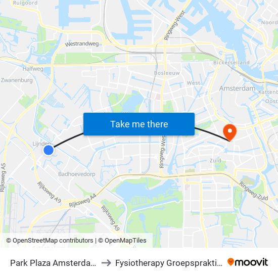 Park Plaza Amsterdam Airport to Fysiotherapy Groepspraktijk Oud-Zuid map