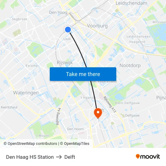 Den Haag HS Station to Delft map