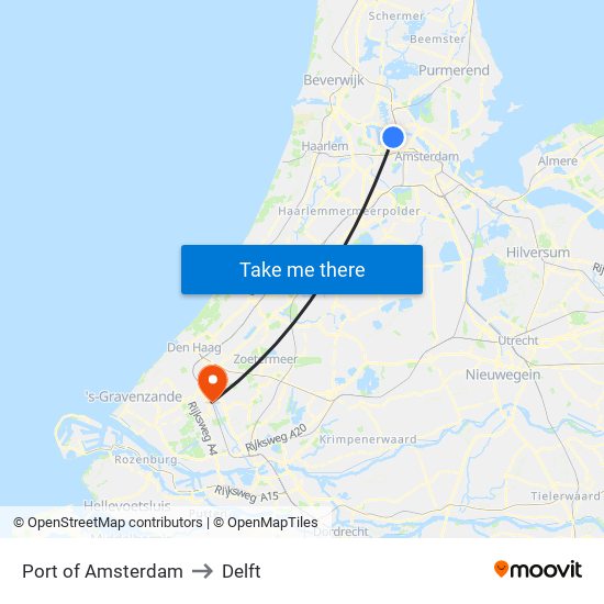 Port of Amsterdam to Delft map
