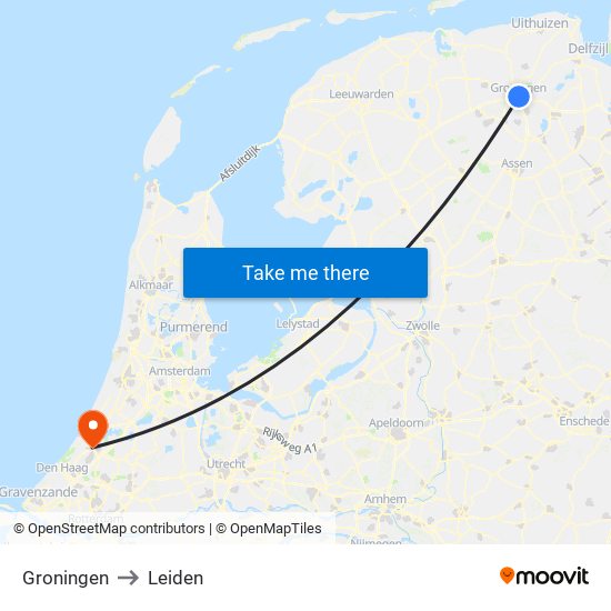 Groningen to Leiden map