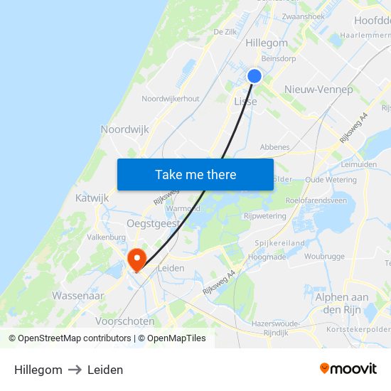 Hillegom to Leiden map