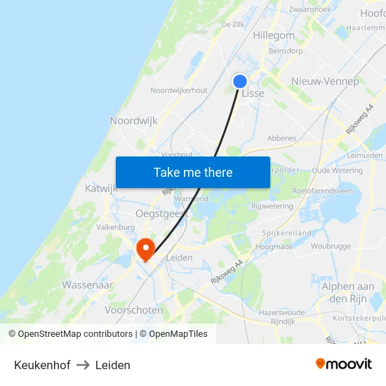 Keukenhof to Leiden map