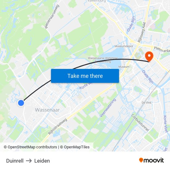 Duinrell to Leiden map