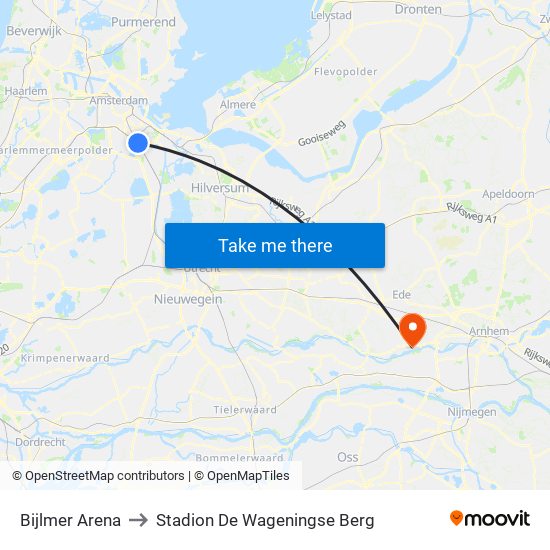 Bijlmer Arena to Stadion De Wageningse Berg map