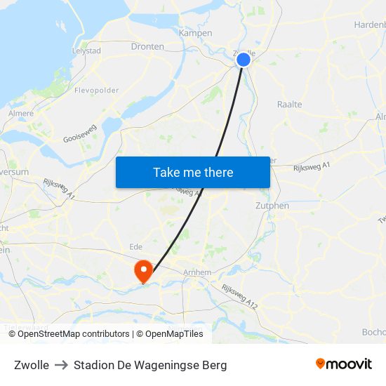 Zwolle to Stadion De Wageningse Berg map