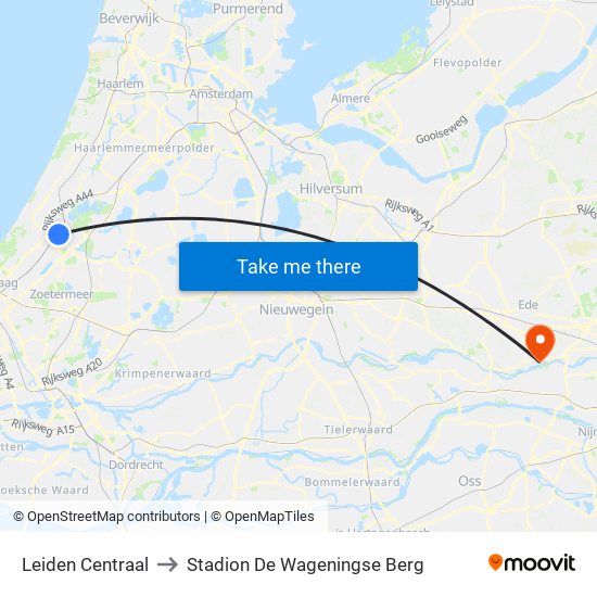 Leiden Centraal to Stadion De Wageningse Berg map