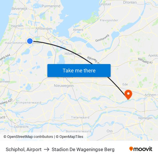 Schiphol, Airport to Stadion De Wageningse Berg map