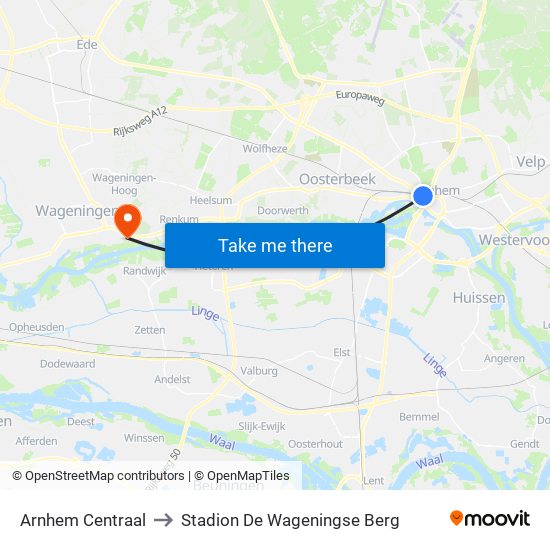 Arnhem Centraal to Stadion De Wageningse Berg map