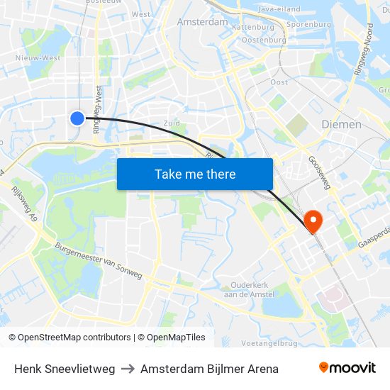 Henk Sneevlietweg to Amsterdam Bijlmer Arena map