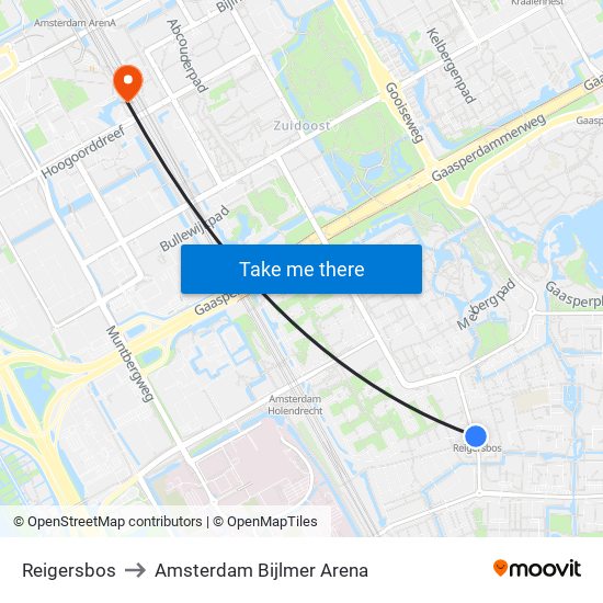 Reigersbos to Amsterdam Bijlmer Arena map