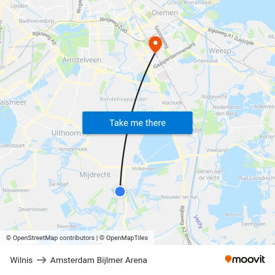 Wilnis to Amsterdam Bijlmer Arena map