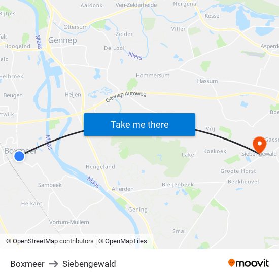 Boxmeer to Siebengewald map