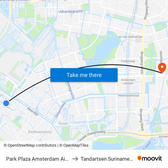 Park Plaza Amsterdam Airport to Tandartsen Surinameplein map