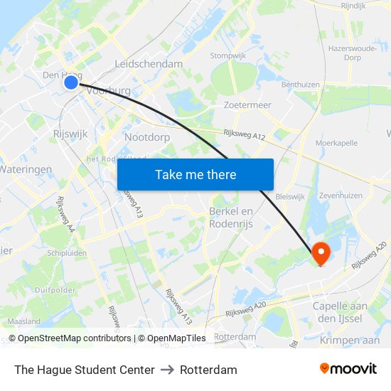 The Hague Student Center to Rotterdam map