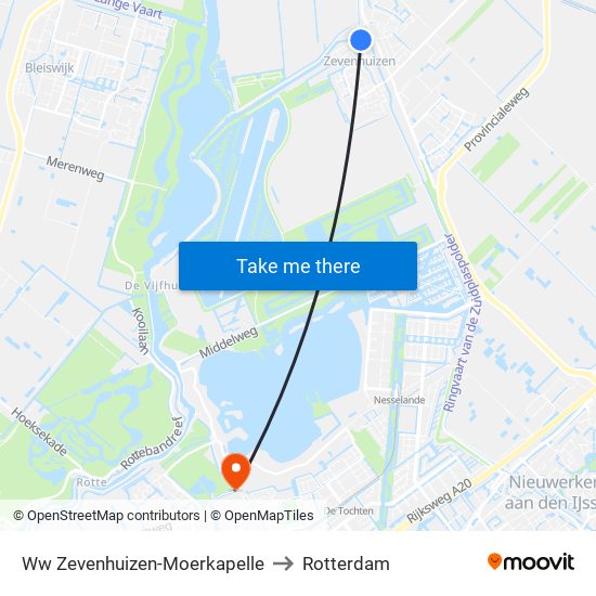 Ww Zevenhuizen-Moerkapelle to Rotterdam map