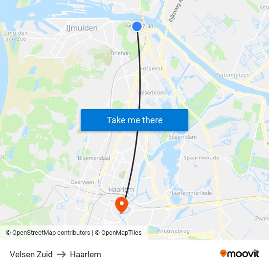 Velsen Zuid to Haarlem map