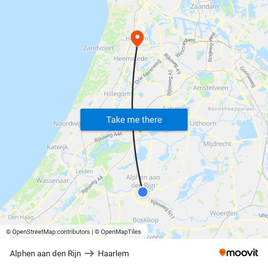 Alphen aan den Rijn to Haarlem map