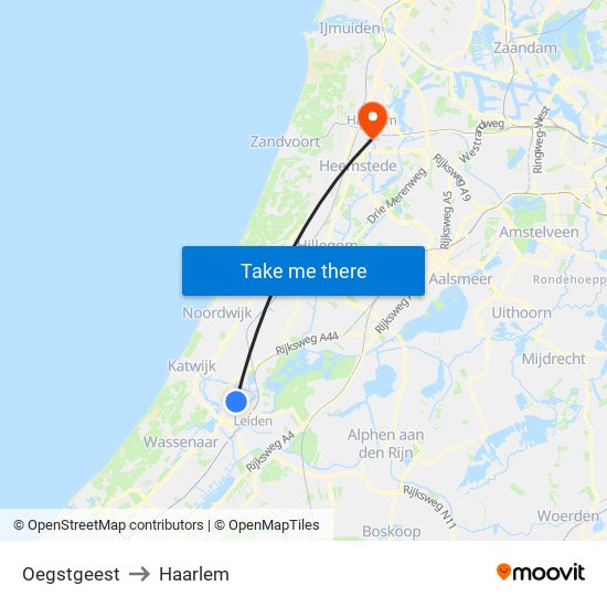 Oegstgeest to Haarlem map