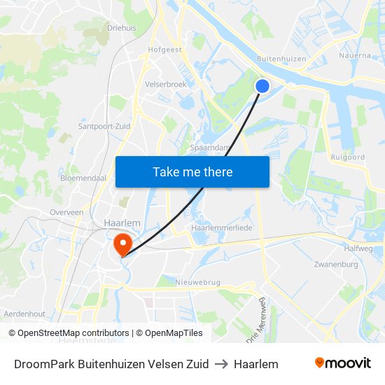 DroomPark Buitenhuizen Velsen Zuid to Haarlem map