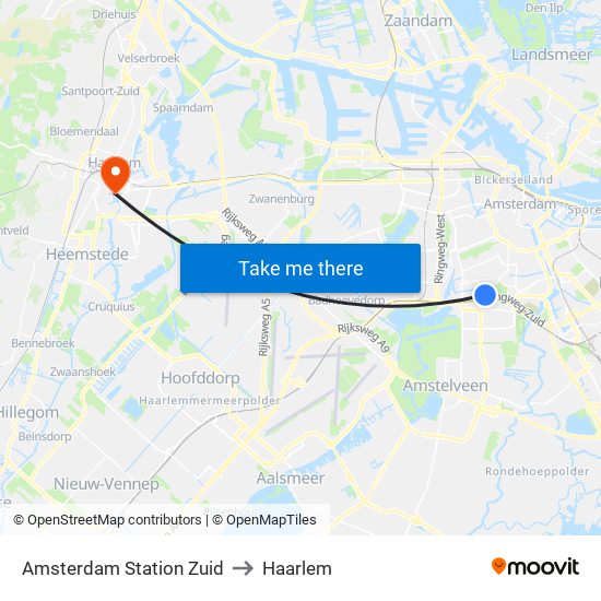 Amsterdam Station Zuid to Haarlem map