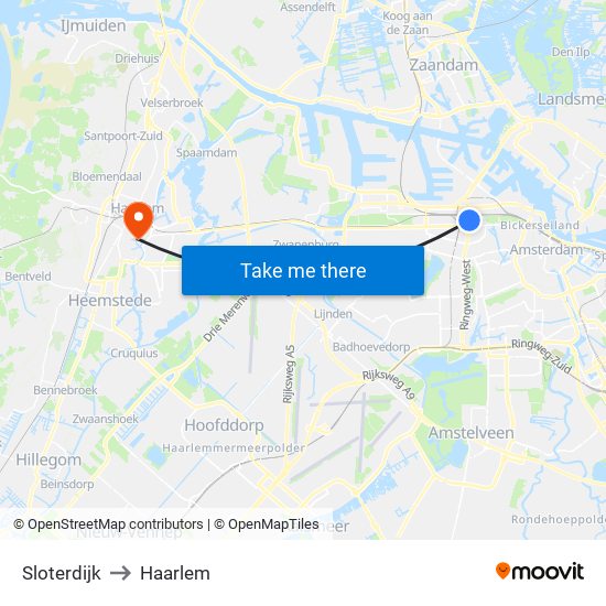 Sloterdijk to Haarlem map