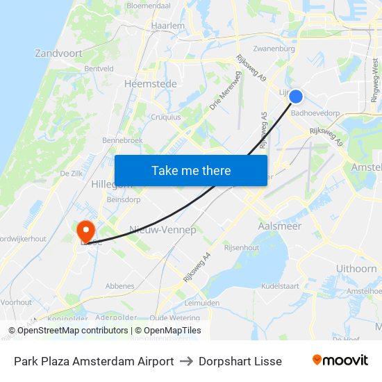 Park Plaza Amsterdam Airport to Dorpshart Lisse map