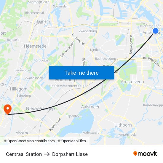 Centraal Station to Dorpshart Lisse map